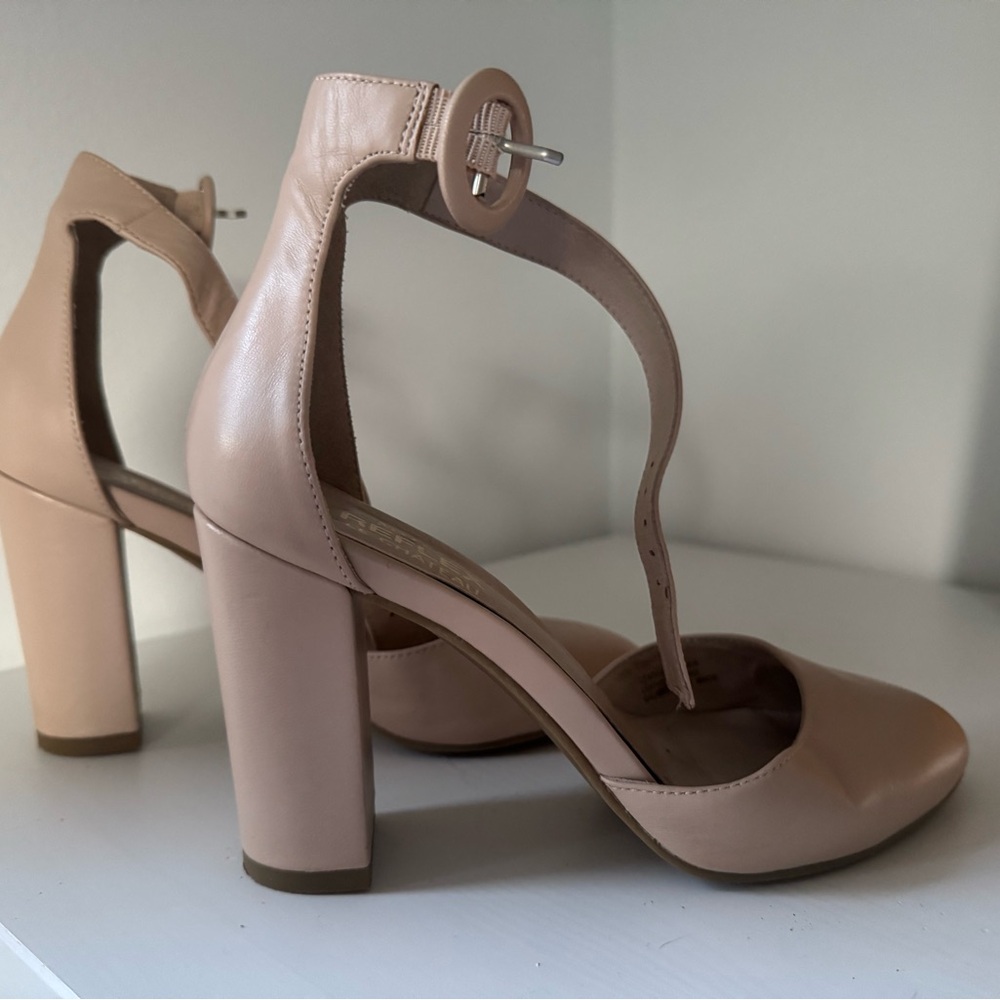 Le Chateau Tan T-Strap Block Heels
